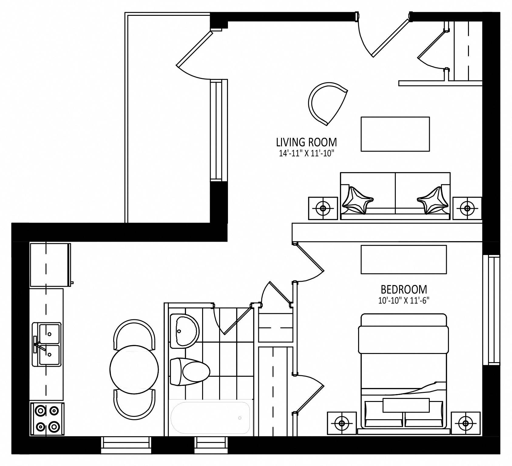Floor plan for 1 bed, 1 bath, 653 sqft